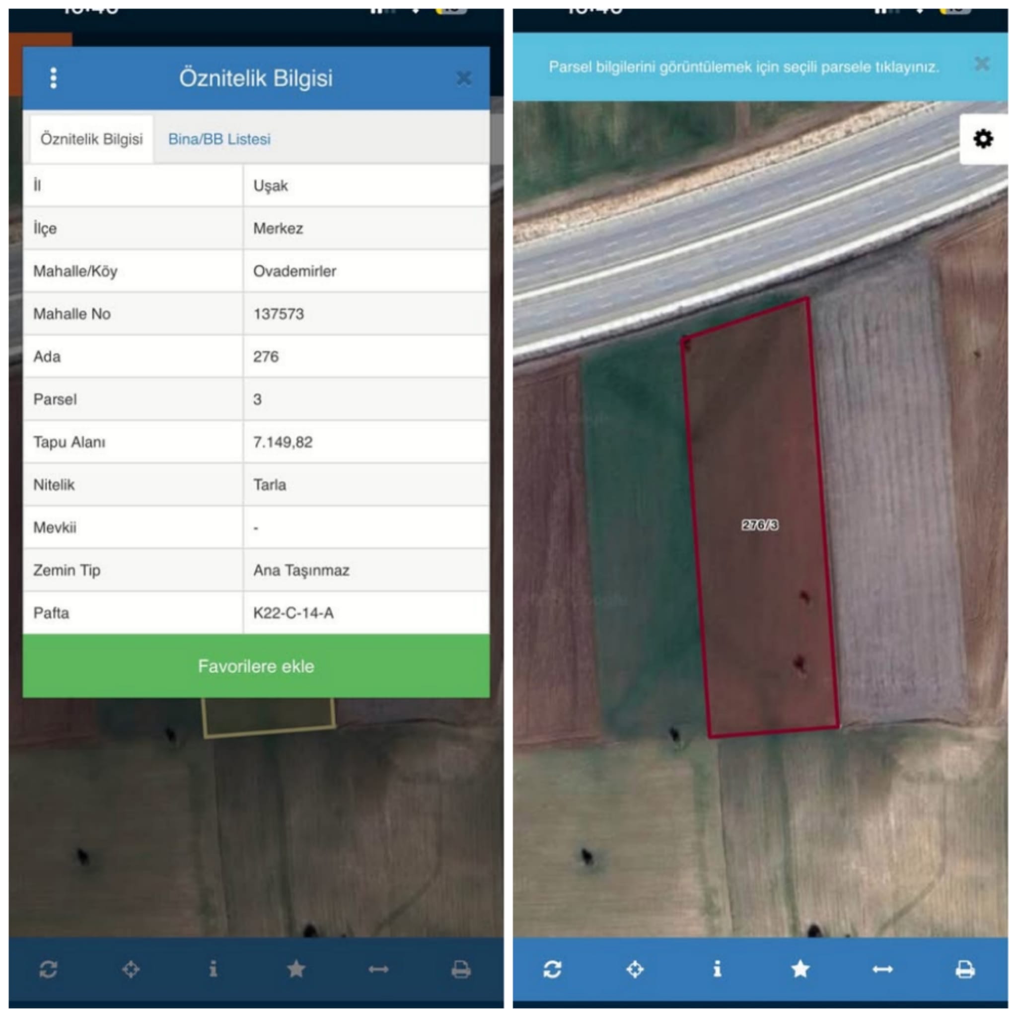 Uşak Merkeze bağlı Ovademirler Köyünde  276/3 parsel  de  7.149,92  metrekare lik Satılık tarla.