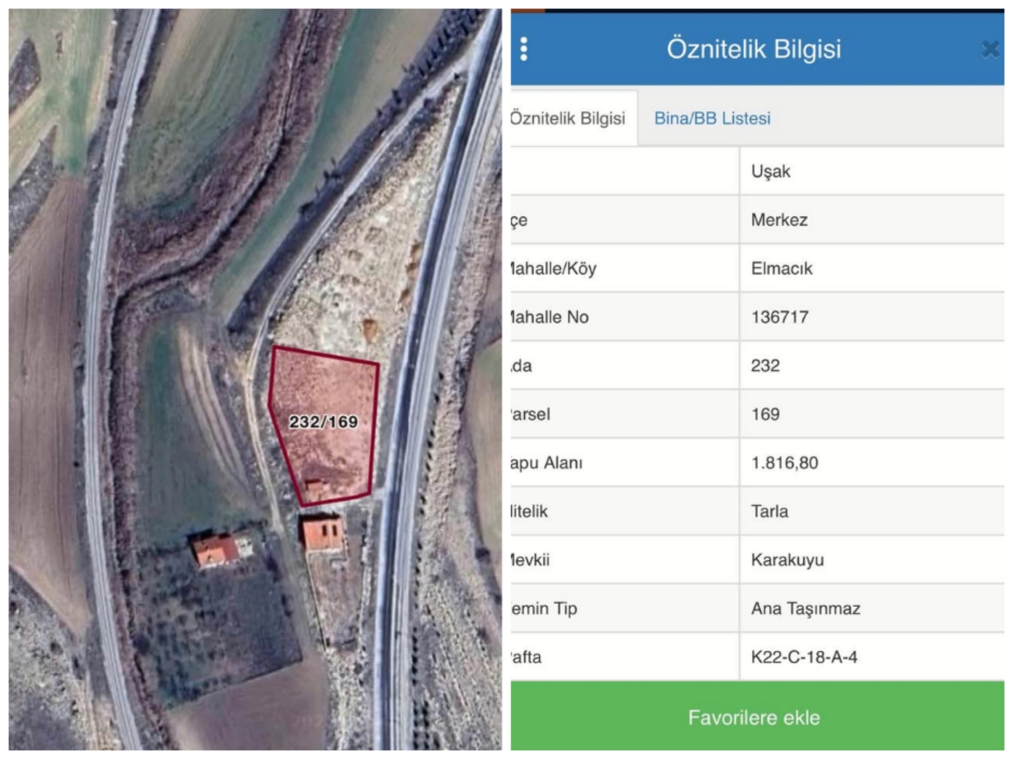 UŞAK MERKEZ ELMACIK KÖYÜ 1.816 M. 232-169 PARSEL SATILIK TARLA