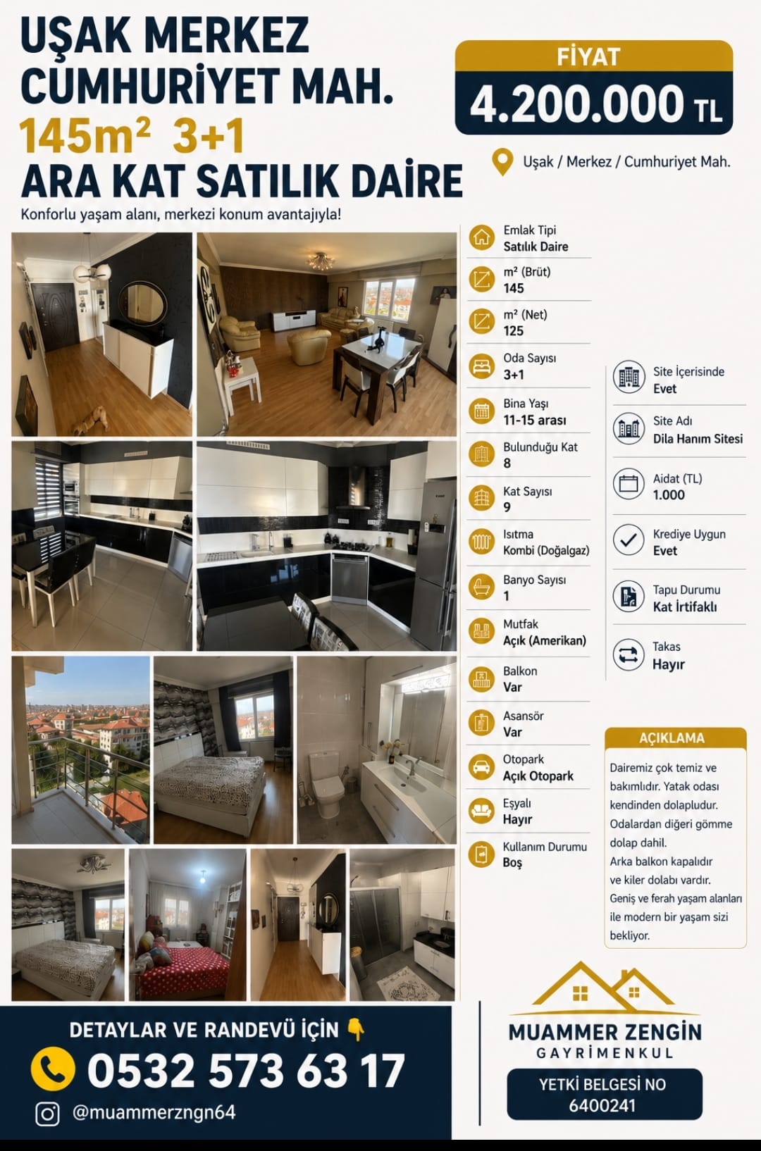 UŞAK MERKEZ CUMHURİYET MAH. 145m. 3+1 ARA KAT SATILIK DAİRE