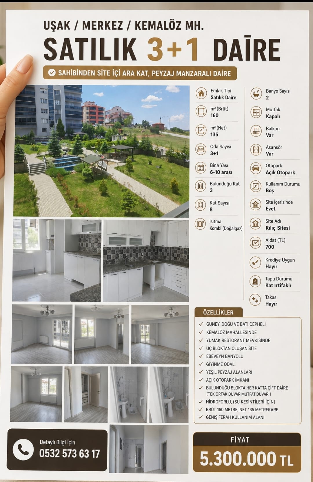 UŞAK MERKEZ KEMALÖZ MAH. 160m. 3+1 ARA KAT SATILIK DAİRE