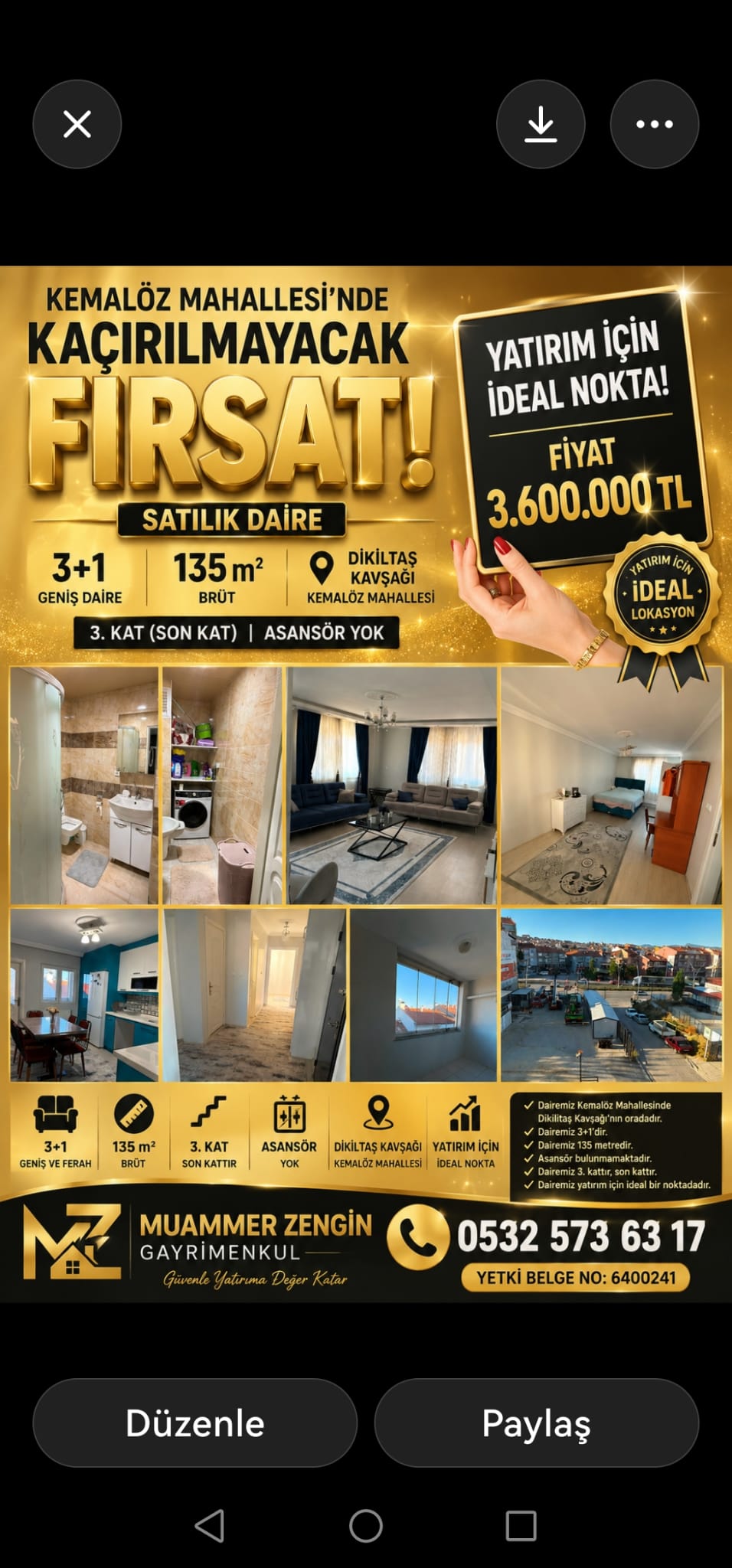 UŞAK MERKEZ KEMALÖZ MAH. 135m. 3+1 SATILIK DAİRE