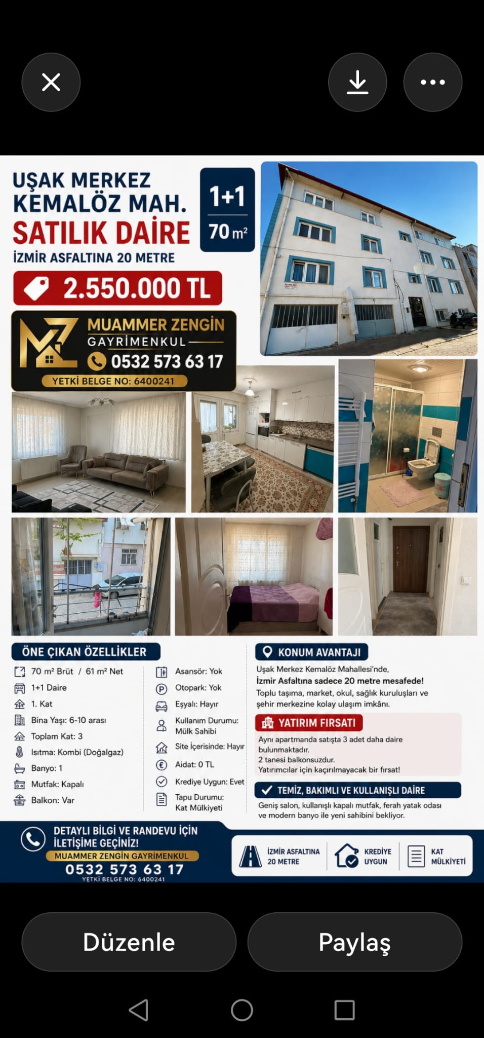 UŞAK MERKEZ KEMALÖZ MAH. 70m. 1+1 SATILIK DAİRE