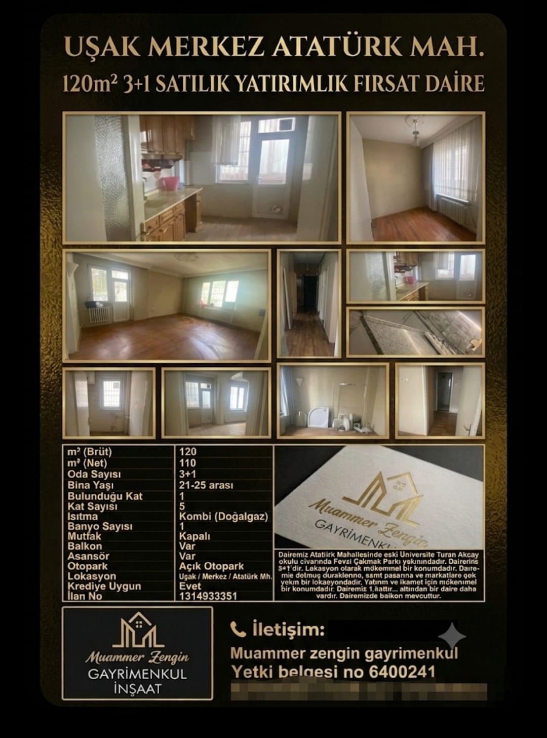 UŞAK MERKEZ ATATÜRK MAH. 120m. 3+1 SATILIK YATIRIMLIK FIRSAT DAİRE